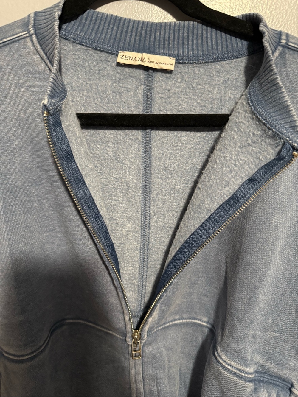 Dusty Blue Acid Washed Zip-Front Fleece Bomber Jacket Large - Picture 3 of 4
